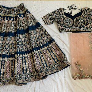 Pink and Navy Blue Lehenga Set